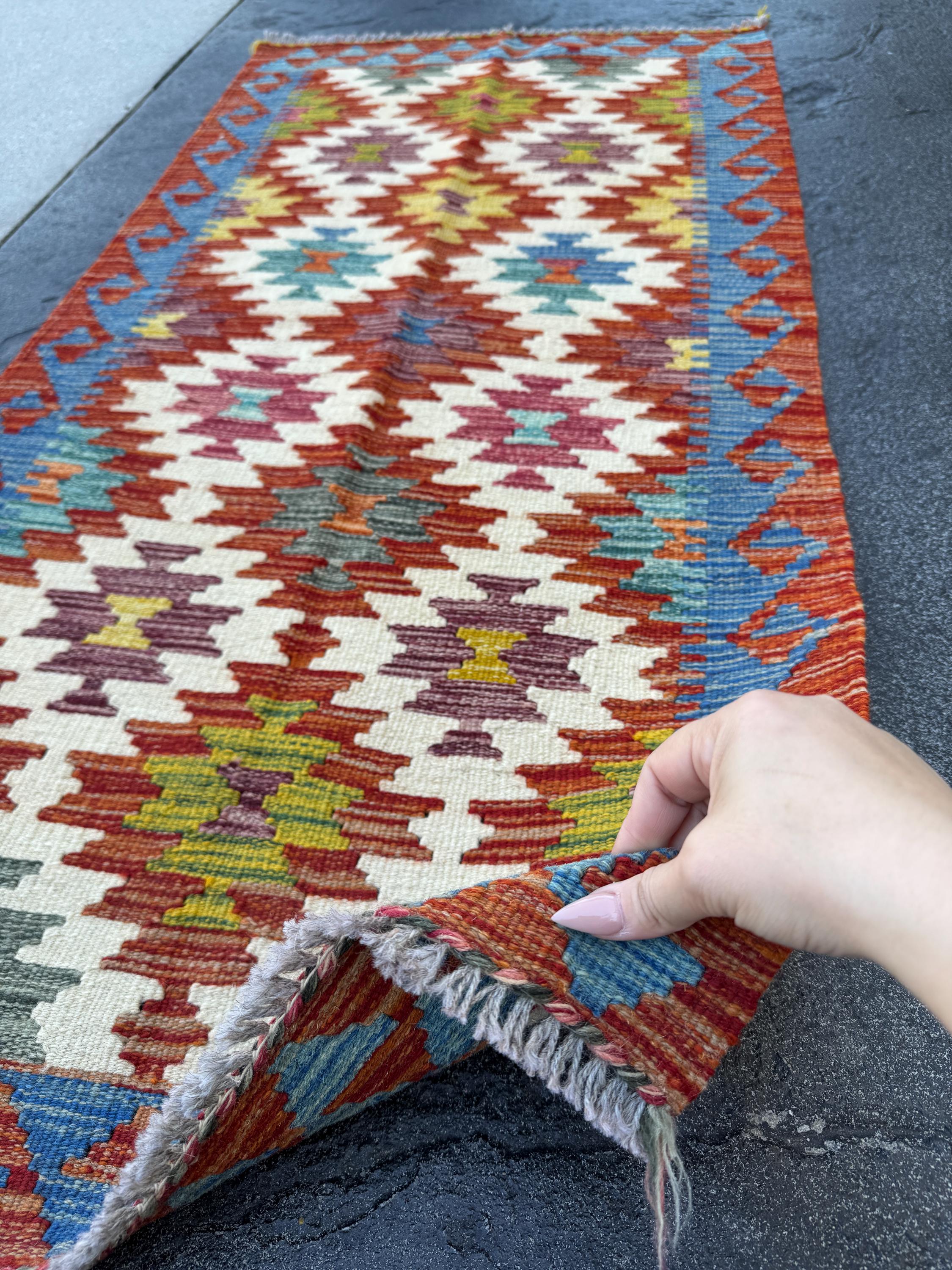 2x5 Handmade Afghan Kilim Runner Rug | Cream White Aqua Teal Sky Blue Burnt Orange Brick Red Pink Mustard Olive Burgundy Forest Green
