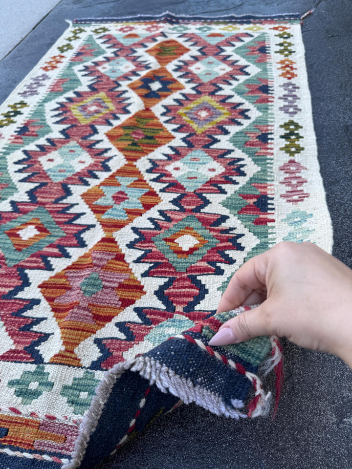2x5 Handmade Afghan Kilim Runner Rug | Cream White Aqua Teal Sky Blue Burnt Orange Brick Red Pink Mustard Olive Burgundy Forest Green
