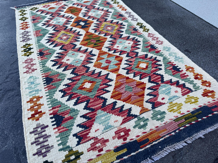 2x5 Handmade Afghan Kilim Runner Rug | Cream White Aqua Teal Sky Blue Burnt Orange Brick Red Pink Mustard Olive Burgundy Forest Green