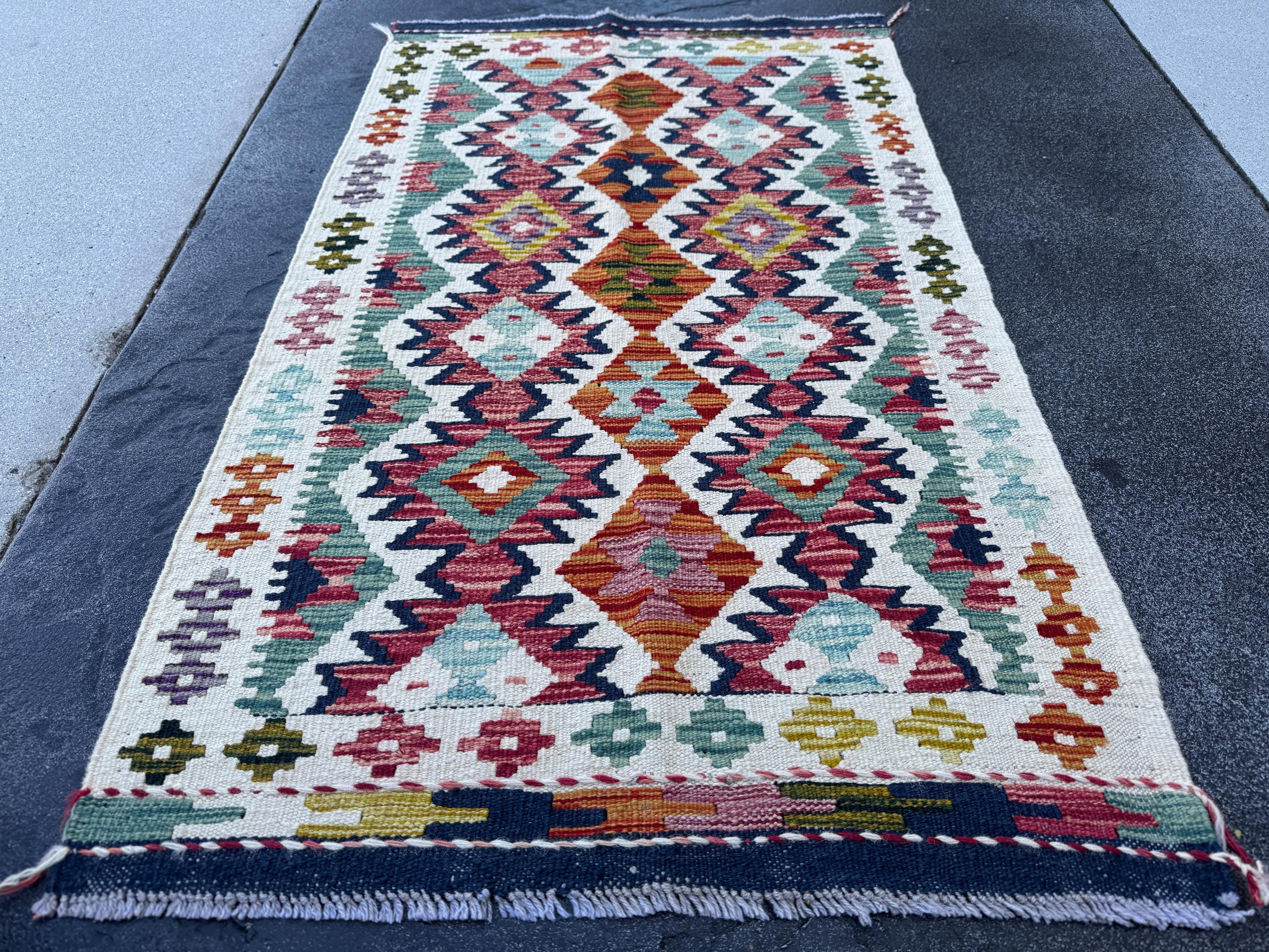 2x5 Handmade Afghan Kilim Runner Rug | Cream White Aqua Teal Sky Blue Burnt Orange Brick Red Pink Mustard Olive Burgundy Forest Green