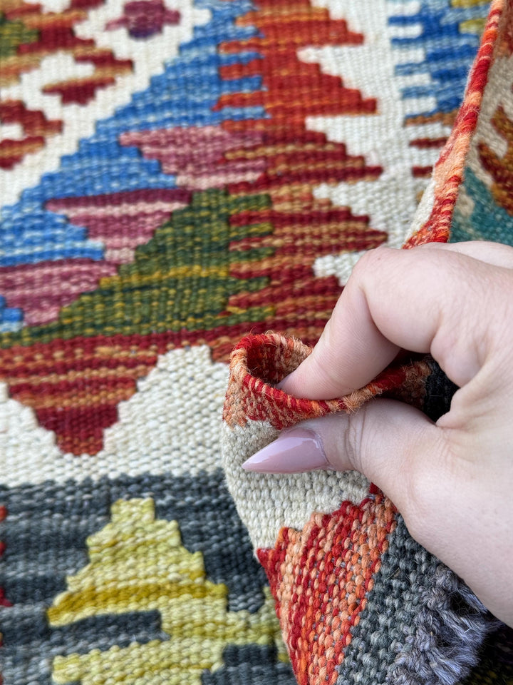3x4 Handmade Afghan Kilim Rug | Burnt Orange Cream White Mustard Gold Yellow Teal Auburn Red Eggplant Purple Forest Green | Wool Flatwoven