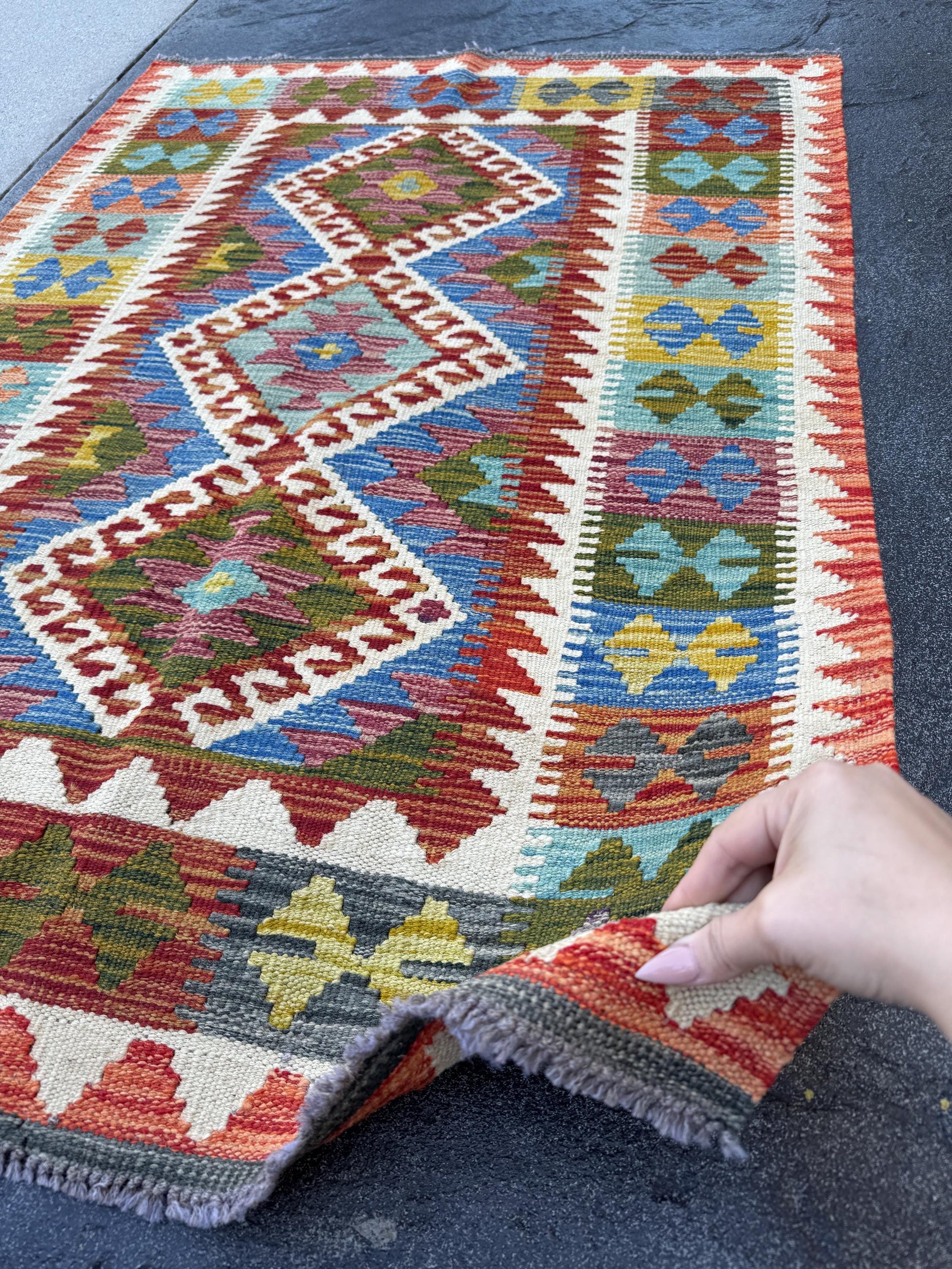 3x4 Handmade Afghan Kilim Rug | Burnt Orange Cream White Mustard Gold Yellow Teal Auburn Red Eggplant Purple Forest Green | Wool Flatwoven