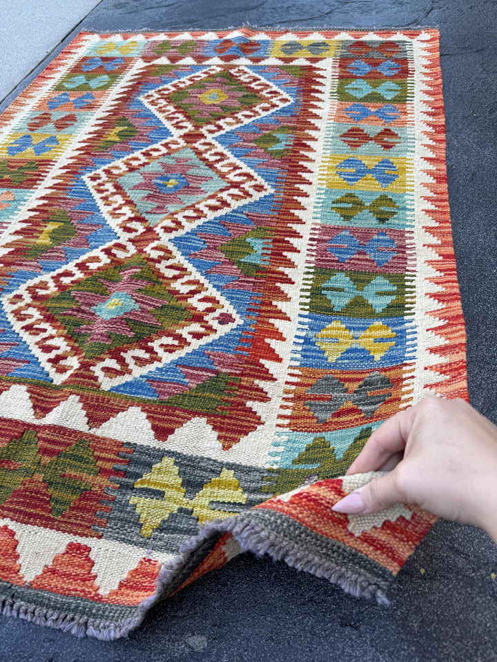 3x4 Handmade Afghan Kilim Rug | Burnt Orange Cream White Mustard Gold Yellow Teal Auburn Red Eggplant Purple Forest Green | Wool Flatwoven