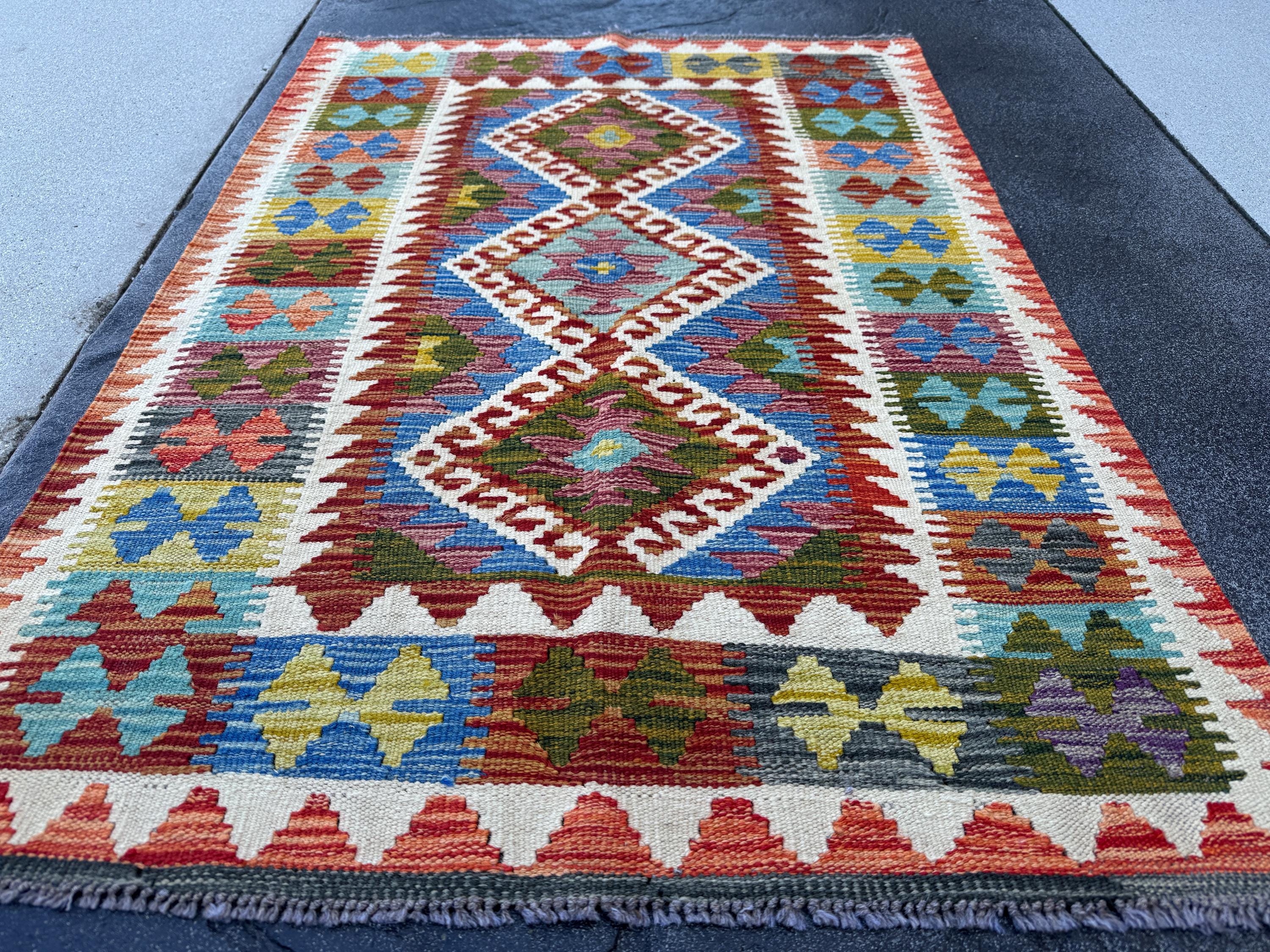 3x4 Handmade Afghan Kilim Rug | Burnt Orange Cream White Mustard Gold Yellow Teal Auburn Red Eggplant Purple Forest Green | Wool Flatwoven