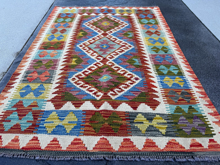 3x4 Handmade Afghan Kilim Rug | Burnt Orange Cream White Mustard Gold Yellow Teal Auburn Red Eggplant Purple Forest Green | Wool Flatwoven