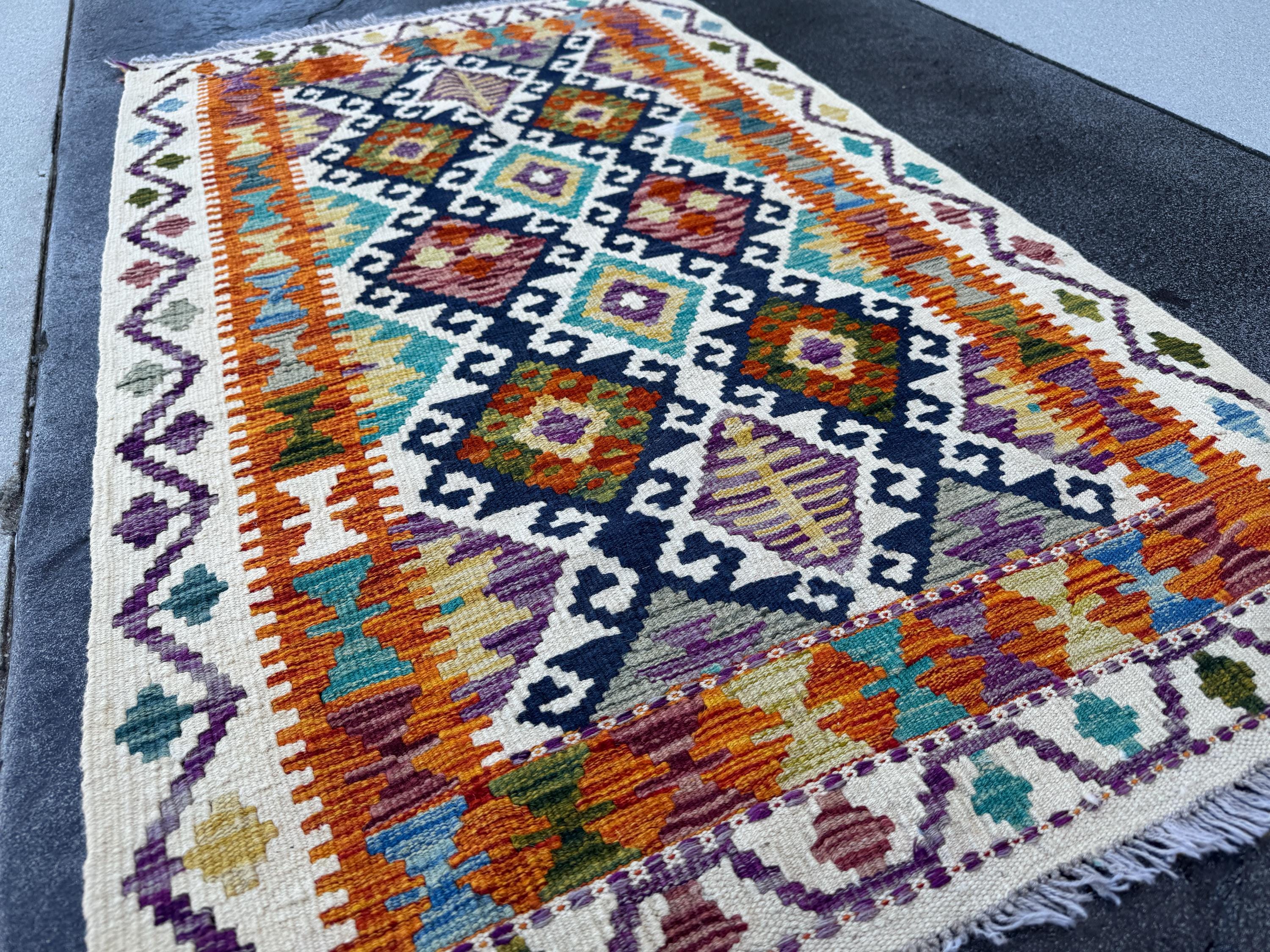 3x5 Handmade Afghan Kilim Rug | Cream Tan Sand Brown Crimson Burgundy Maroon Red Aqua Teal Denim Blue Black Forest Chartreuse Green Grey