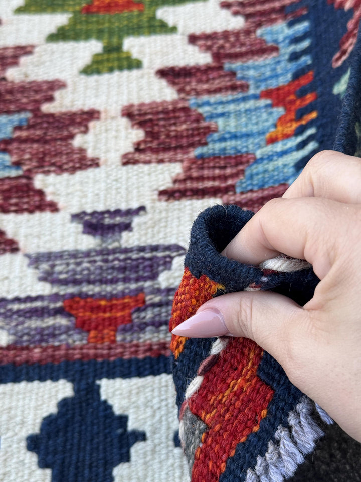 2x5 Handmade Afghan Kilim Runner Rug | Cream White Aqua Sky Blue Navy Blue Burnt Orange Brick Red Burgundy Olive Green Purple