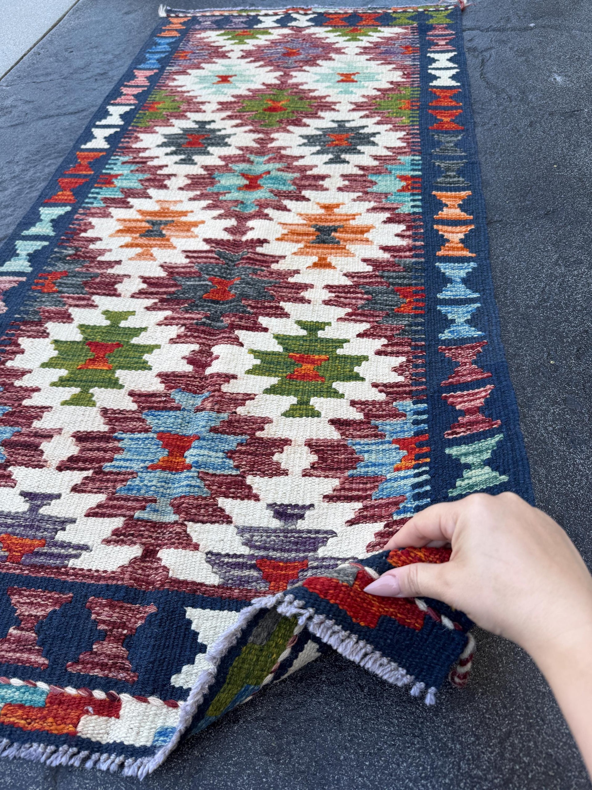 2x5 Handmade Afghan Kilim Runner Rug | Cream White Aqua Sky Blue Navy Blue Burnt Orange Brick Red Burgundy Olive Green Purple