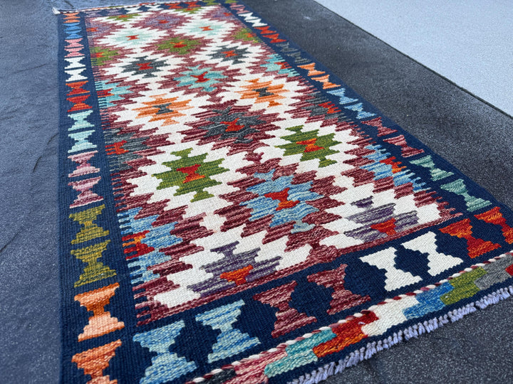 2x5 Handmade Afghan Kilim Runner Rug | Cream White Aqua Sky Blue Navy Blue Burnt Orange Brick Red Burgundy Olive Green Purple