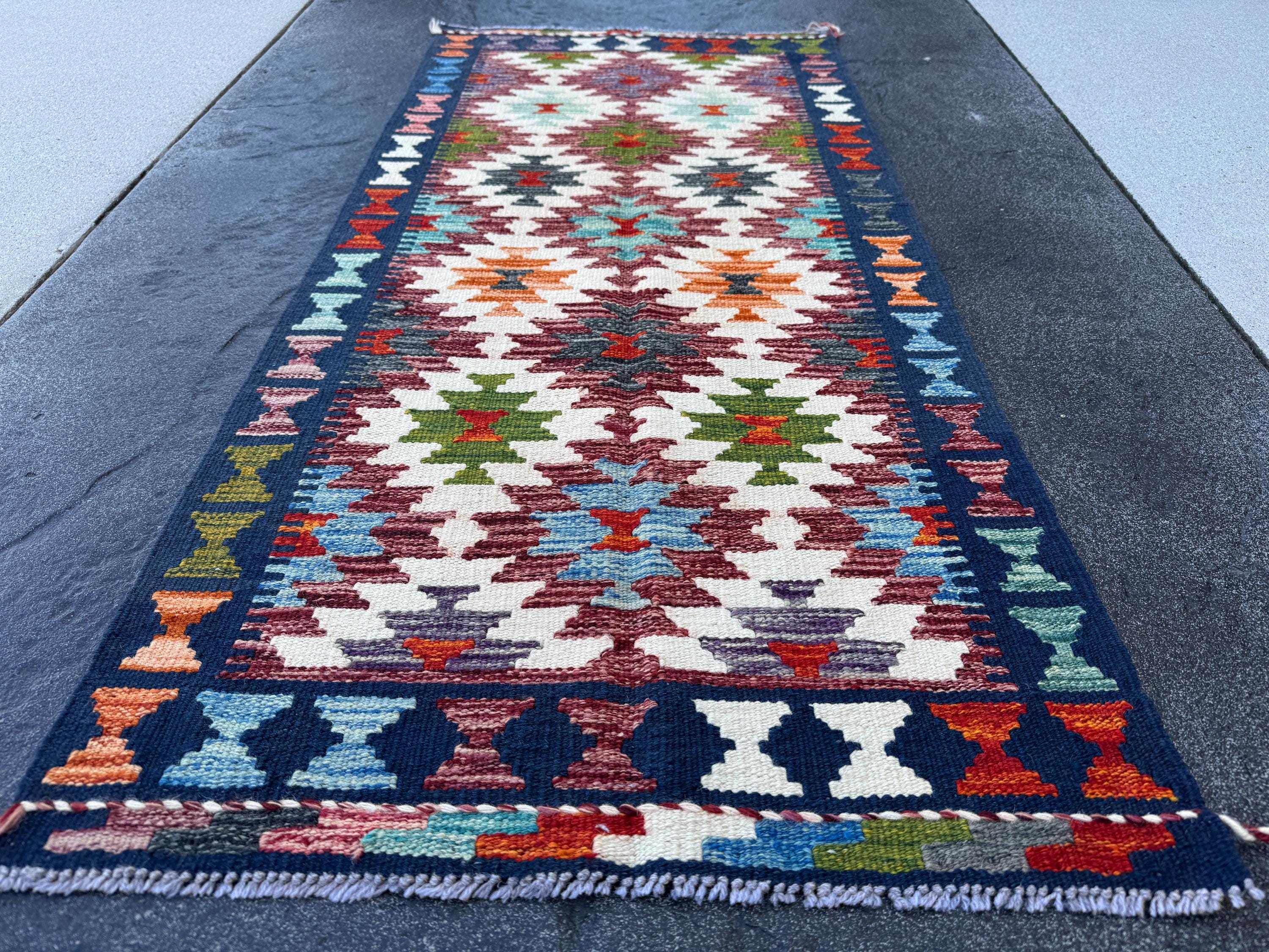 2x5 Handmade Afghan Kilim Runner Rug | Cream White Aqua Sky Blue Navy Blue Burnt Orange Brick Red Burgundy Olive Green Purple