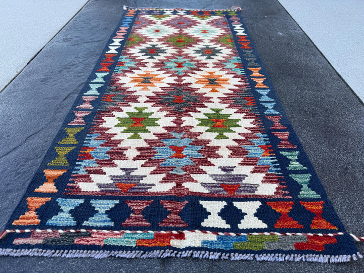 2x5 Handmade Afghan Kilim Runner Rug | Cream White Aqua Sky Blue Navy Blue Burnt Orange Brick Red Burgundy Olive Green Purple