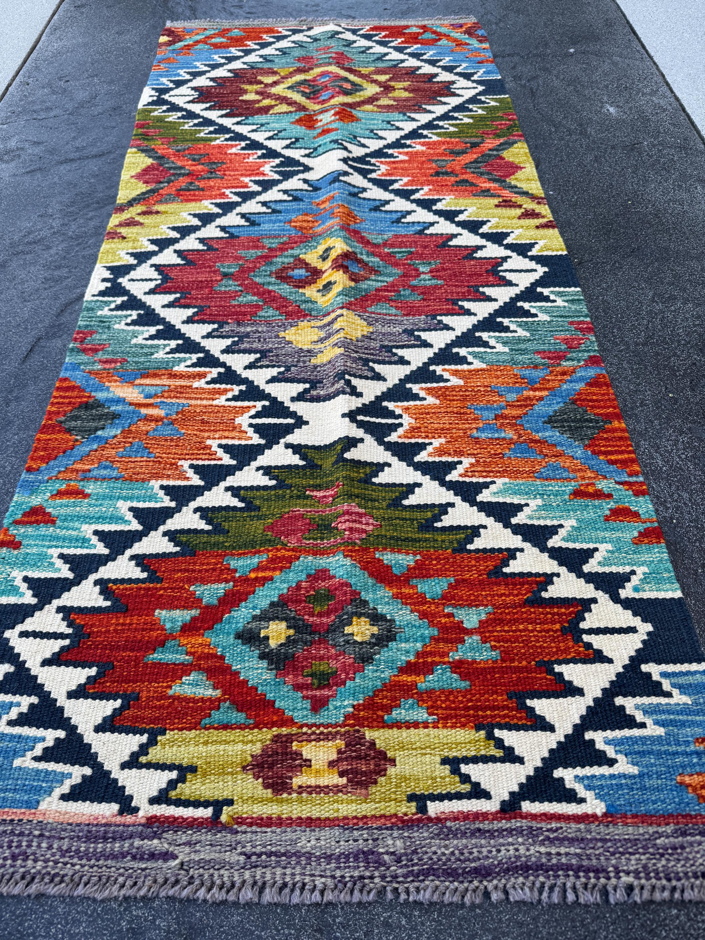 2x5 Handmade Afghan Kilim Runner Rug | Cream White Aqua Sky Blue Navy Blue Burnt Orange Brick Red Burgundy Moss Green Mustard Pink Purple