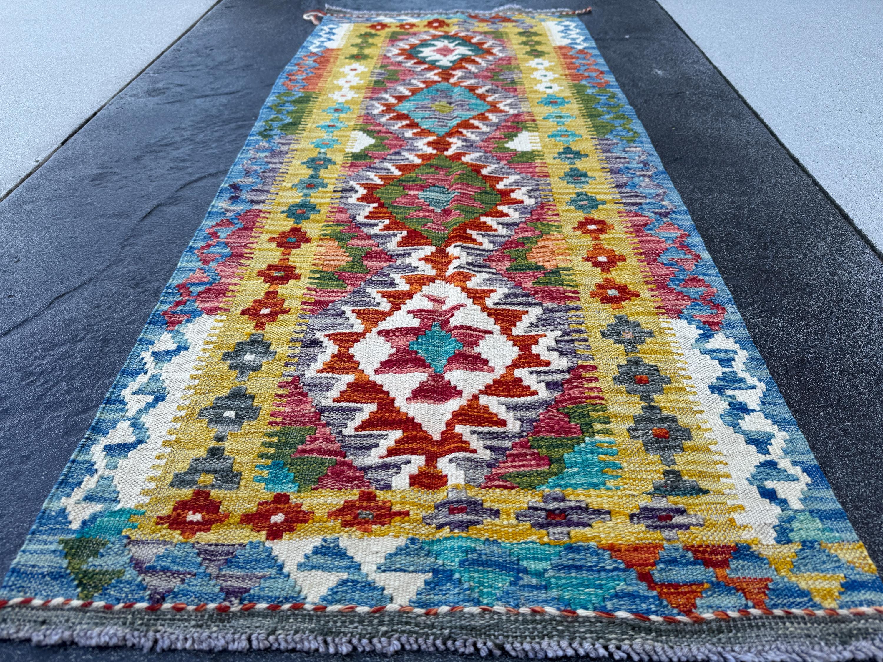 2x5 Handmade Afghan Kilim Runner Rug | Cream White Aqua Teal Turquoise Burnt Orange Brick Red Burgundy Mustard Olive Green Charcoal Grey