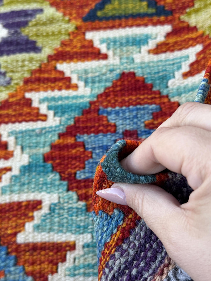 2x5 Handmade Afghan Kilim Runner Rug | Teal Aqua Burnt Orange Rust Red Purple Denim Blue Olive Lime Green Cream White