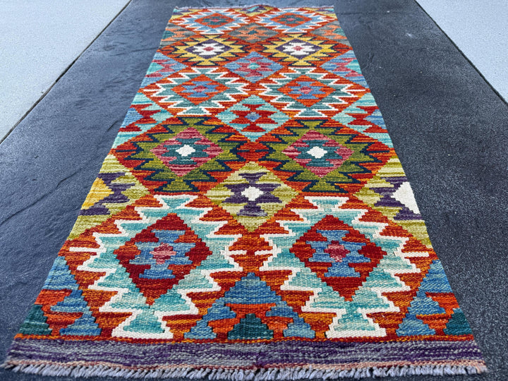 2x5 Handmade Afghan Kilim Runner Rug | Teal Aqua Burnt Orange Rust Red Purple Denim Blue Olive Lime Green Cream White