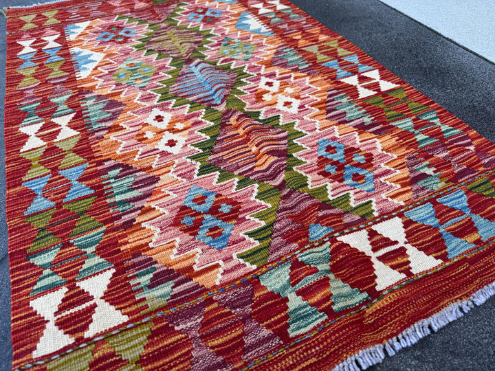 3x4 Handmade Afghan Kilim Runner Rug | Brick Red Burgundy Burnt Orange Peach Pink Mustard Gold Olive Green Forest Green Teal Aqua Sky Blue