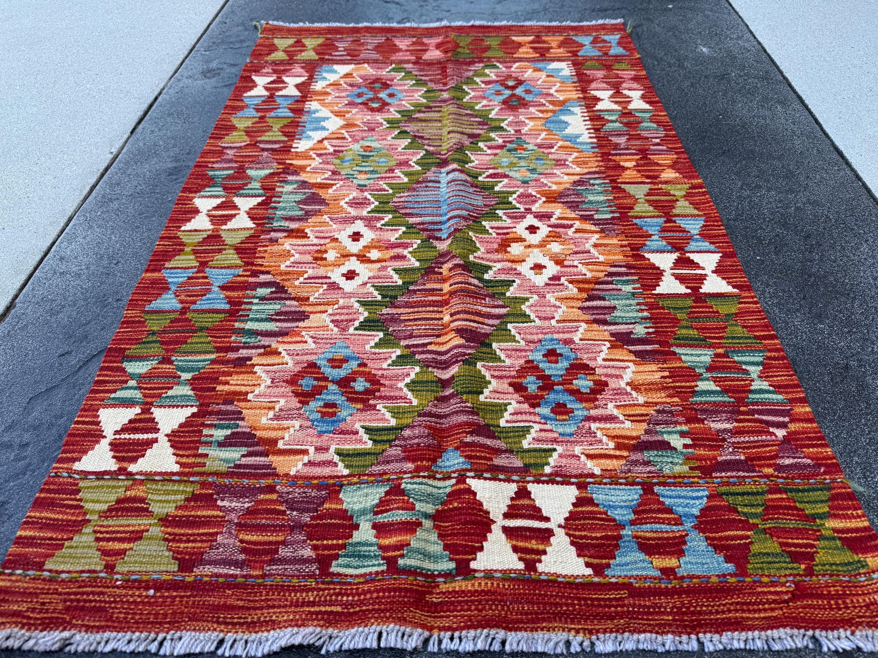 3x4 Handmade Afghan Kilim Runner Rug | Brick Red Burgundy Burnt Orange Peach Pink Mustard Gold Olive Green Forest Green Teal Aqua Sky Blue