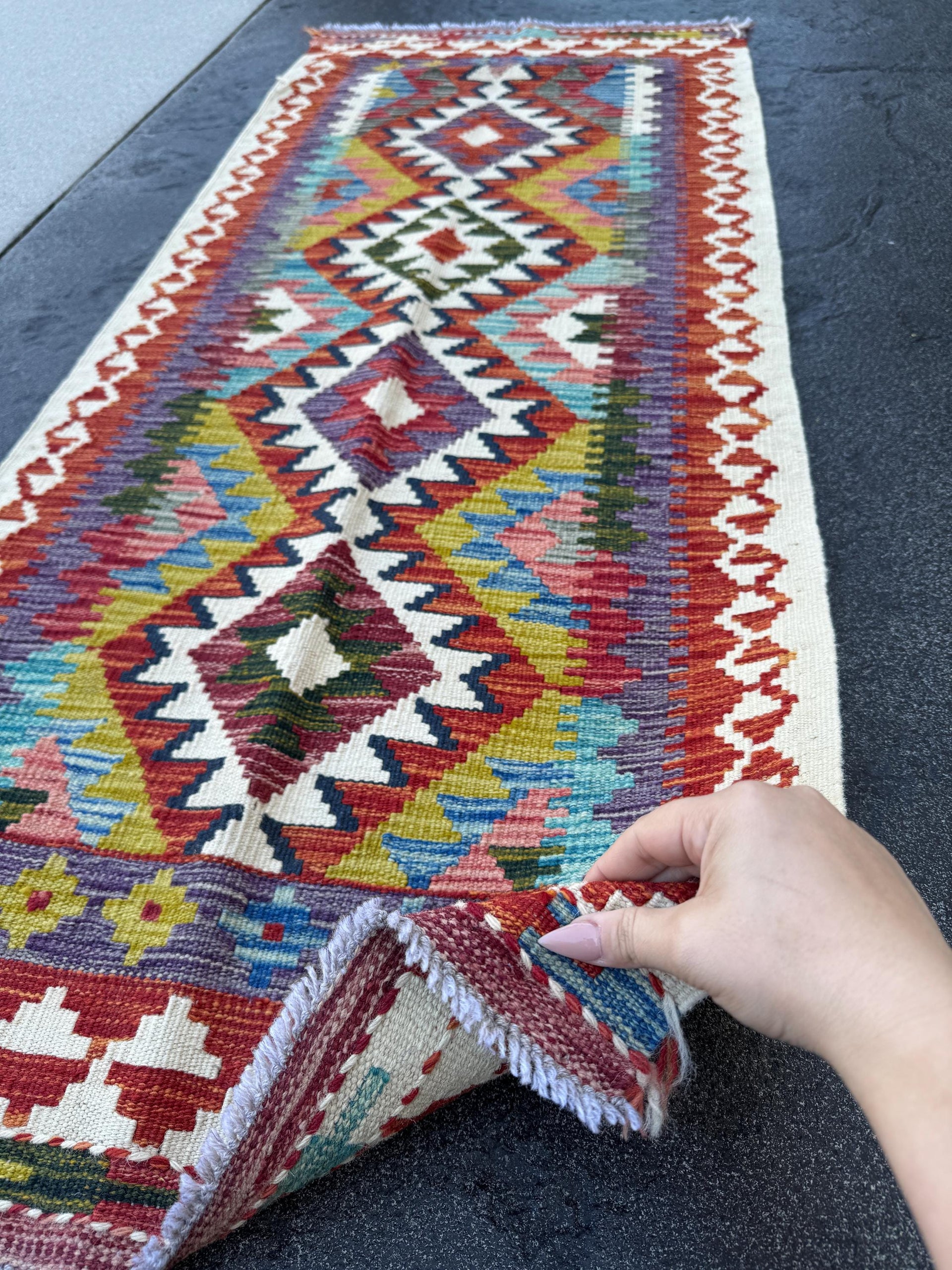2x5 Handmade Afghan Kilim Runner Rug | Cream White Brick Red Burnt Orange Mustard Yellow Sky Blue Aqua Teal Pink Forest Green Olive Purple