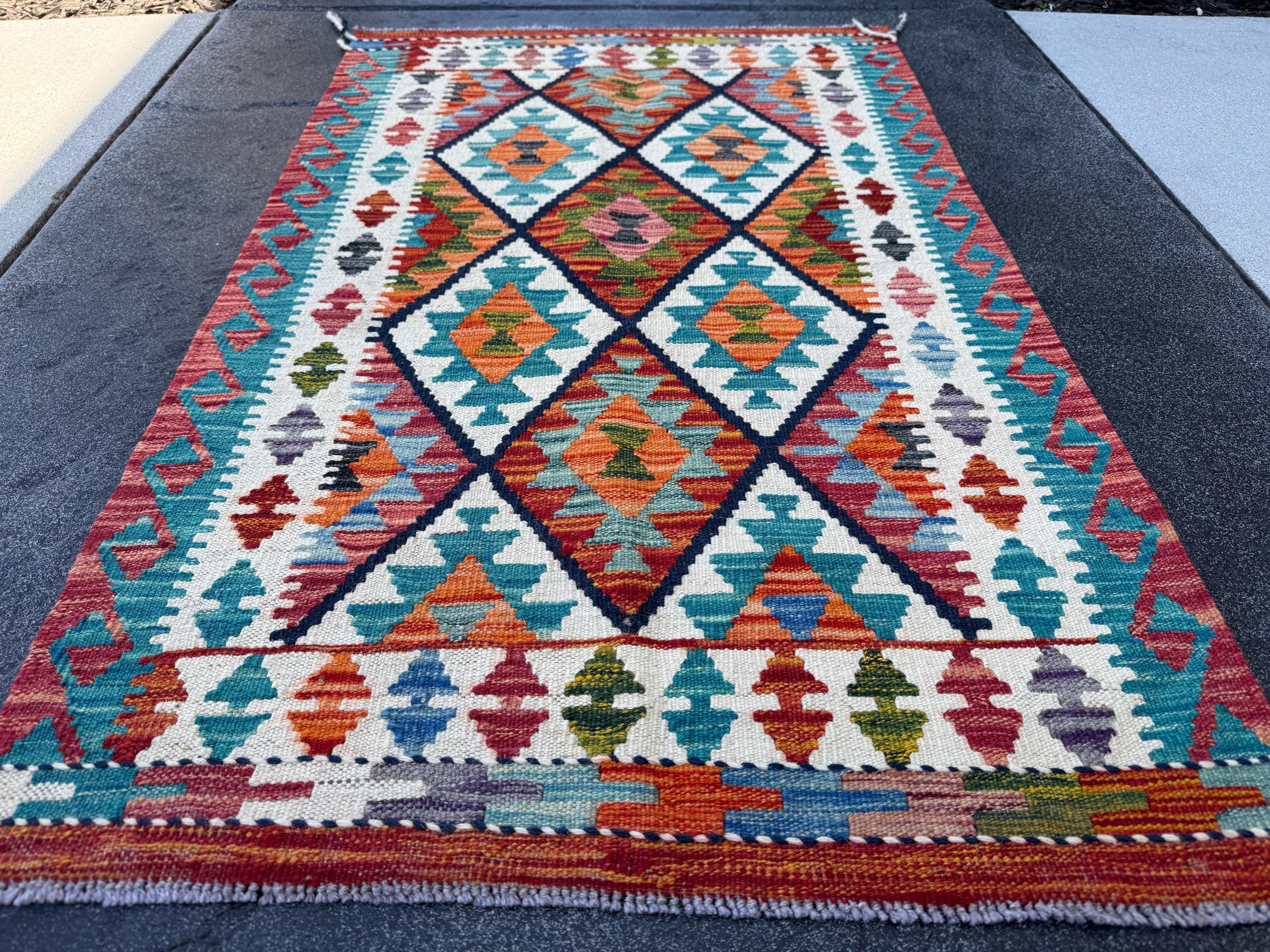 3x4 (91x121) Handmade Afghan Kilim Rug | Turquoise Rust Red Burnt Orange Forest Green Mustard Navy Blue Ivory Purple | Wool Flatweave