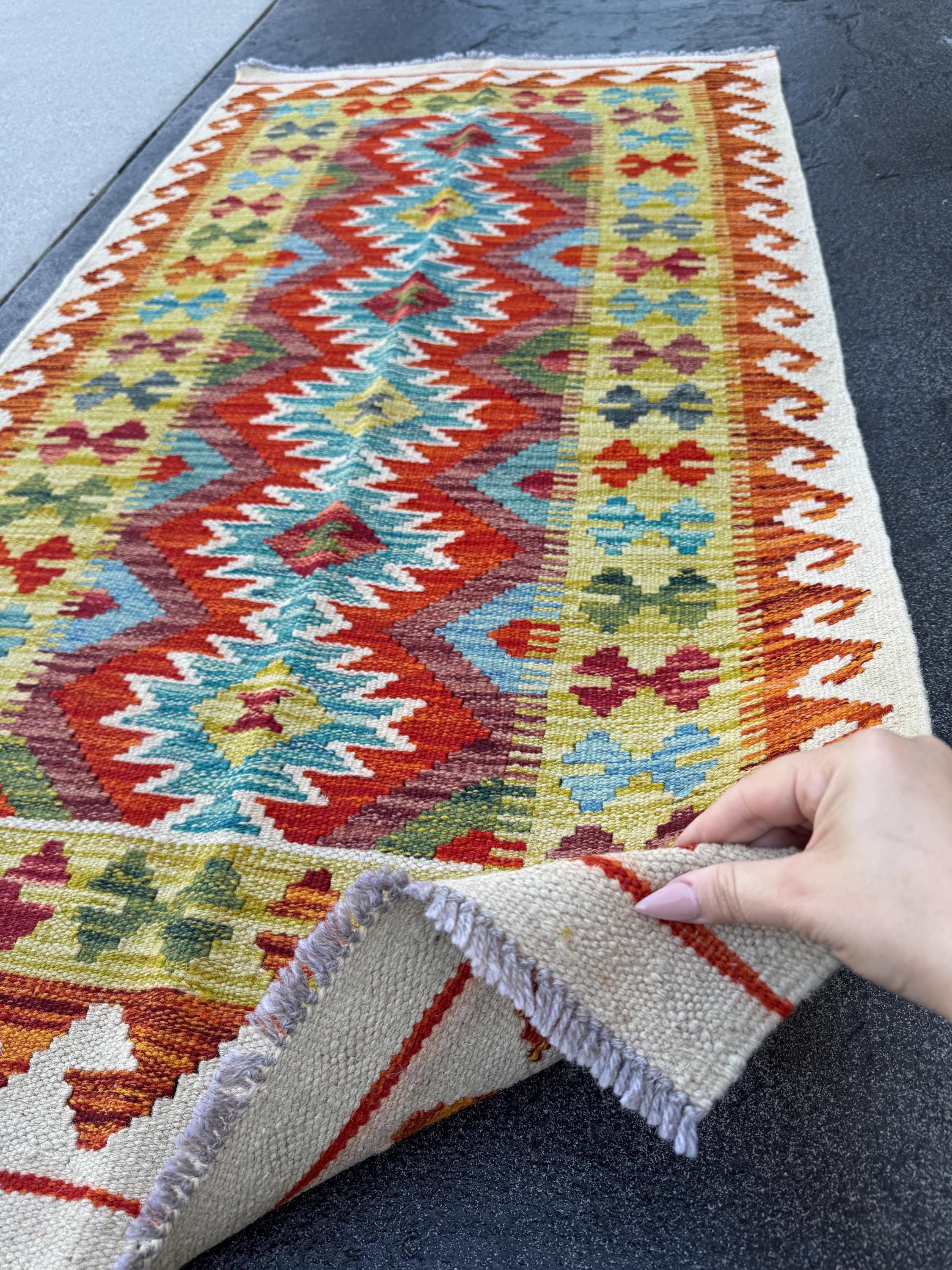 3x5 Handmade Afghan Kilim Rug | Cream Rust Red Burgundy Maroon Aqua Teal Turquoise Mustard Yellow Olive Green Grey Black | Wool Flatwoven