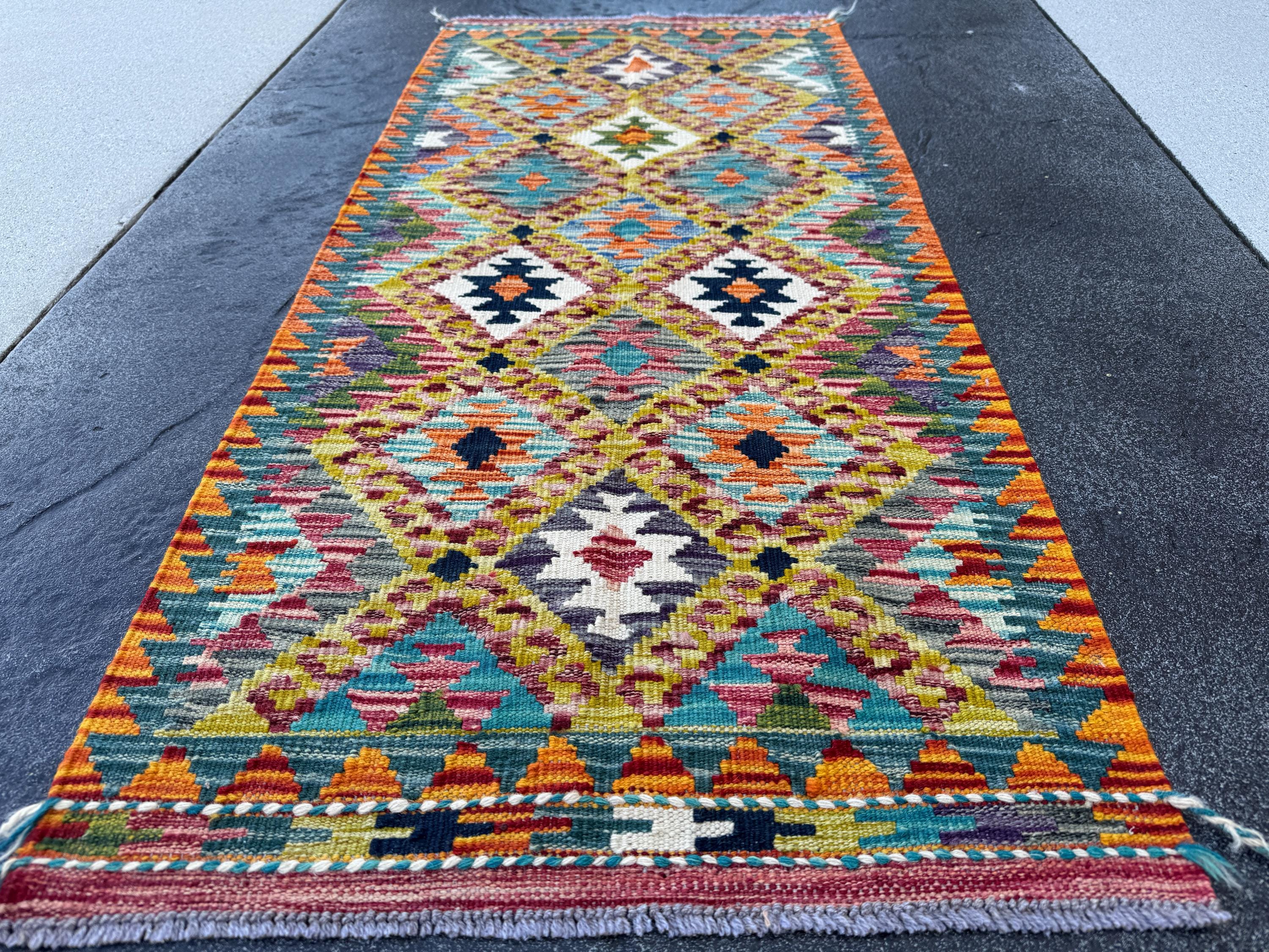 2x5 Handmade Afghan Kilim Runner Rug | Cream Tan Brown Grey Crimson Burgundy Red Aqua Teal Denim Blue Forest Olive Green | Wool Flatwoven