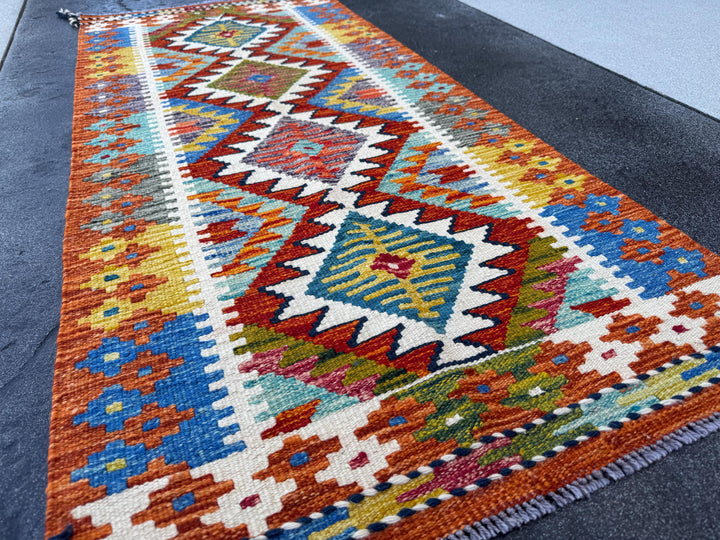 2x5 Handmade Afghan Kilim Runner Rug | Red Cream Tan Brown Grey Crimson Burgundy Aqua Teal Denim Blue Forest Olive Green | Wool Flatwoven