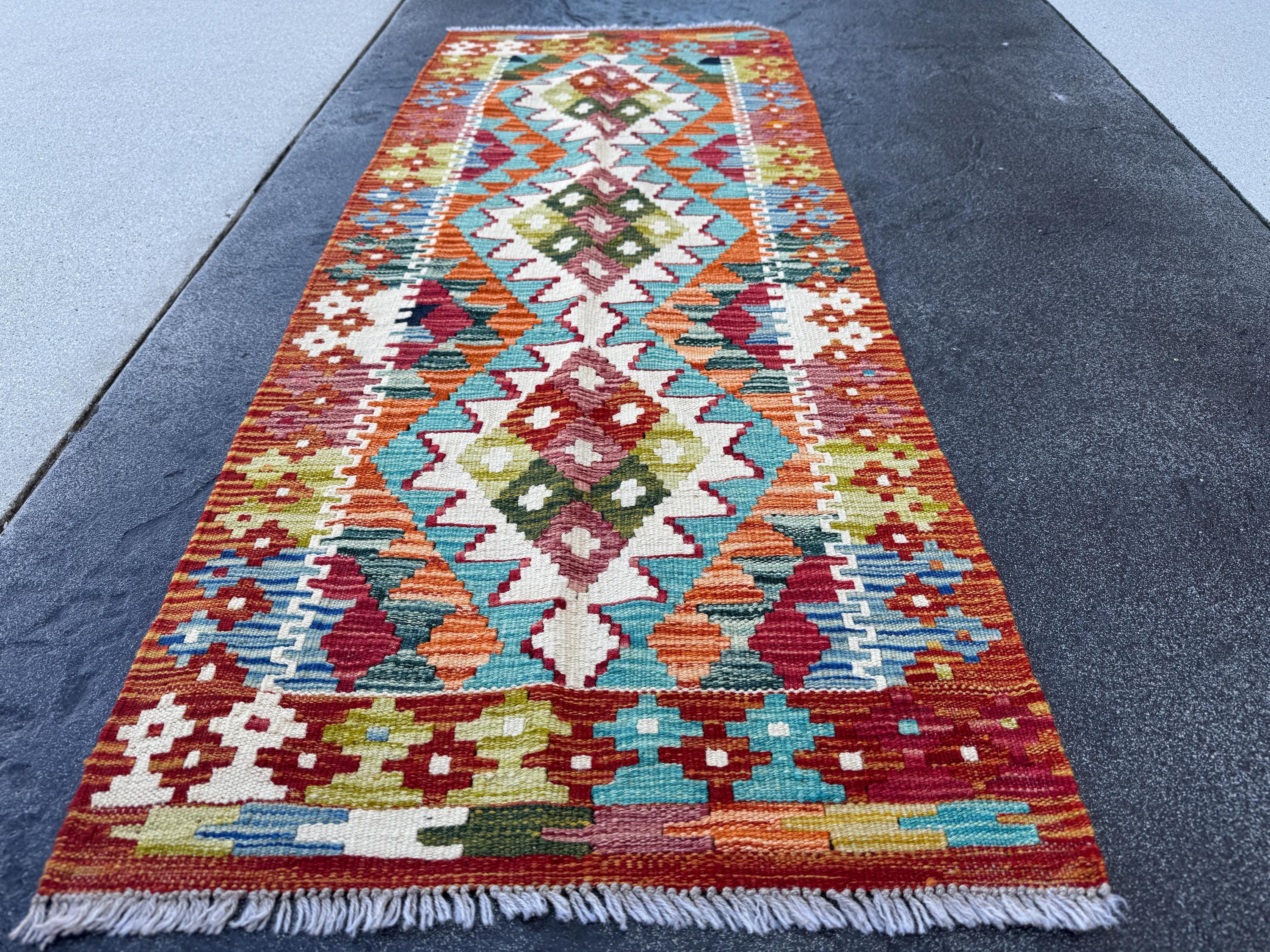 2x5 Handmade Afghan Kilim Runner Rug | Blood Red Olive Moss Green Denim Blue Ivory Orange Teal Turquoise Cream | Wool Flatwoven