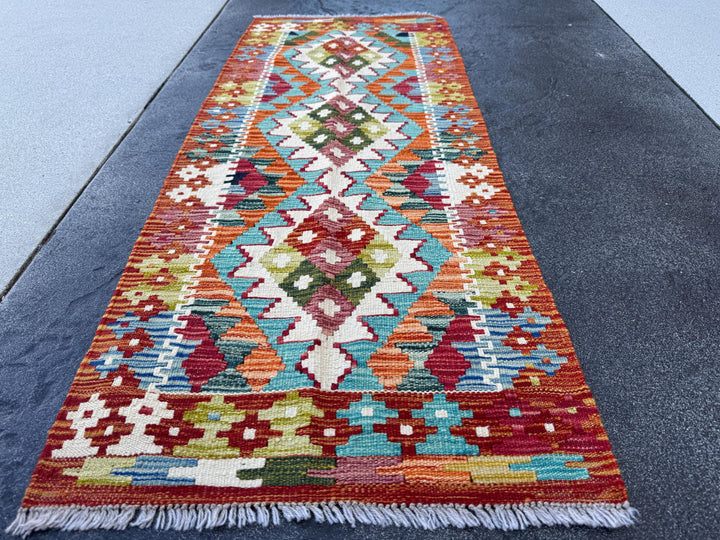 2x5 Handmade Afghan Kilim Runner Rug | Blood Red Olive Moss Green Denim Blue Ivory Orange Teal Turquoise Cream | Wool Flatwoven