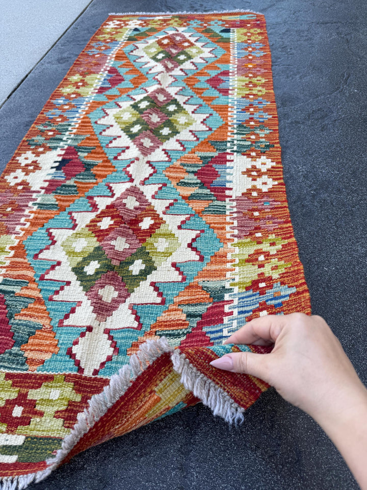 2x5 Handmade Afghan Kilim Runner Rug | Blood Red Olive Moss Green Denim Blue Ivory Orange Teal Turquoise Cream | Wool Flatwoven