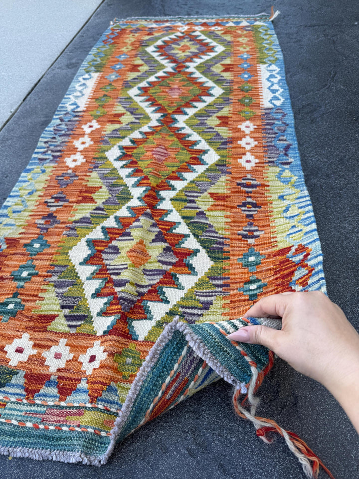 2x5 Handmade Afghan Kilim Runner Rug | Burnt Orange Cream Eggplant Purple Olive Moss Green Teal Denim Light Blue Grey | Wool Flatwoven