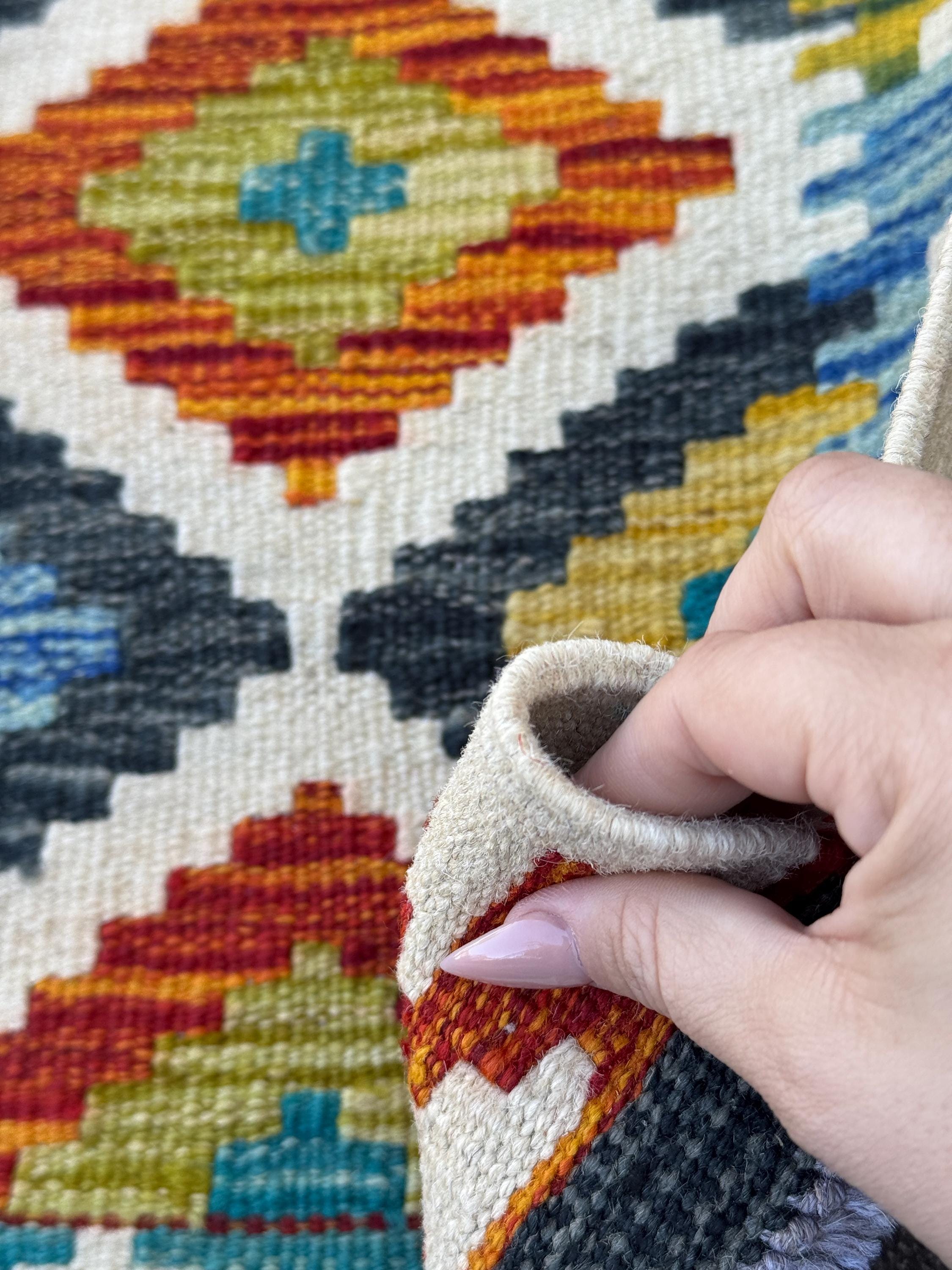 2x5 Handmade Afghan Kilim Runner Rug | Cream Burnt Orange Moss Olive Forest Green Denim Blue Mustard Teal Charcoal Grey | Wool Flatwoven