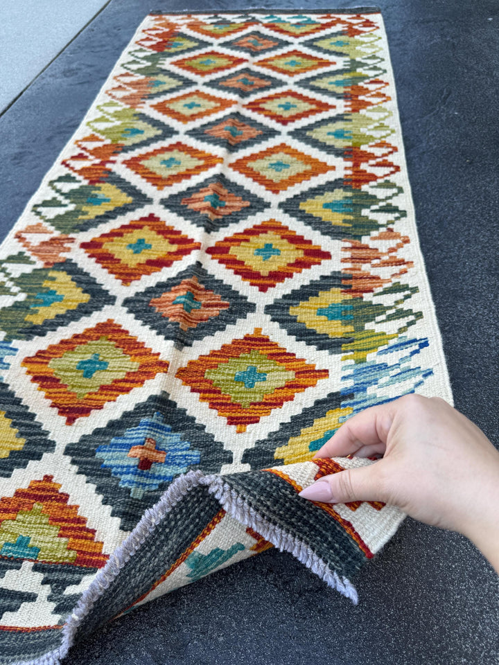 2x5 Handmade Afghan Kilim Runner Rug | Cream Burnt Orange Moss Olive Forest Green Denim Blue Mustard Teal Charcoal Grey | Wool Flatwoven