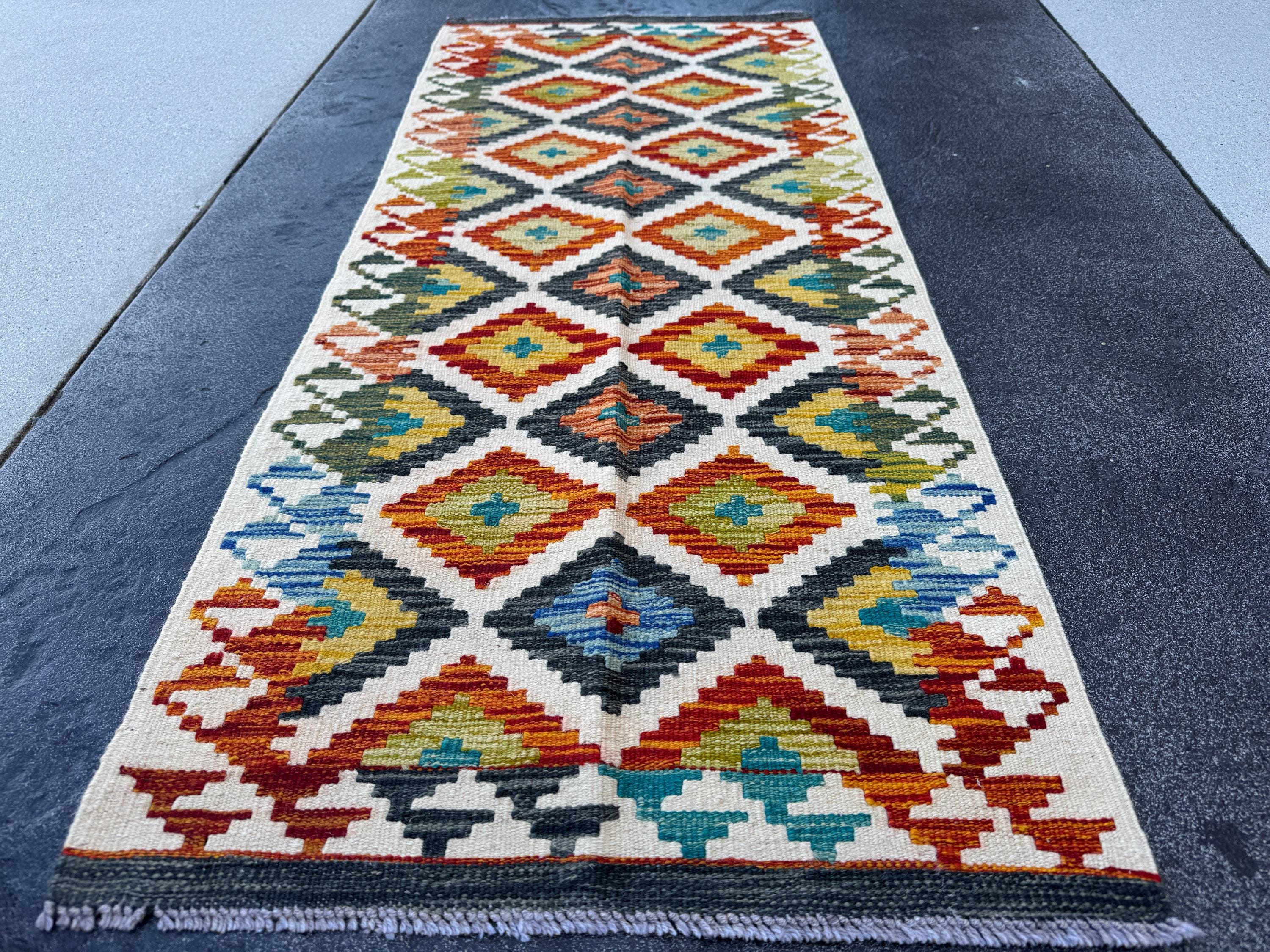 2x5 Handmade Afghan Kilim Runner Rug | Cream Burnt Orange Moss Olive Forest Green Denim Blue Mustard Teal Charcoal Grey | Wool Flatwoven