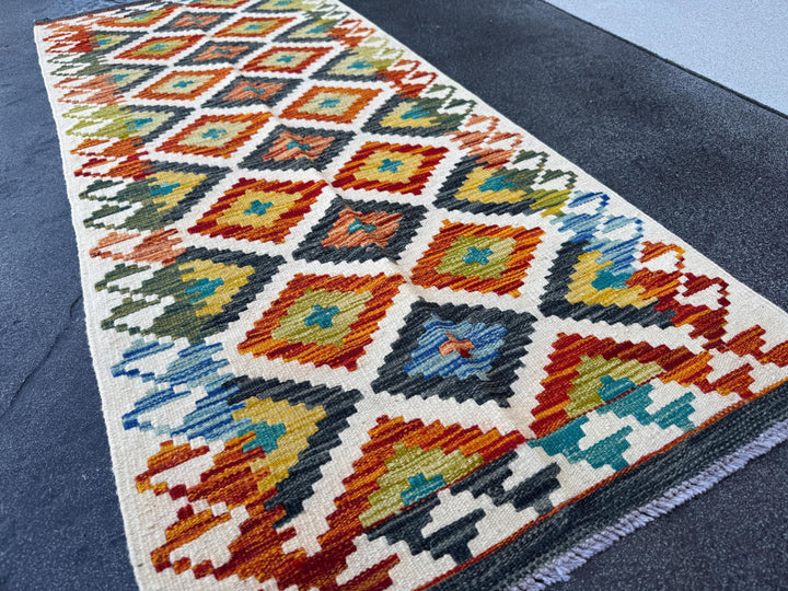 2x5 Handmade Afghan Kilim Runner Rug | Cream Burnt Orange Moss Olive Forest Green Denim Blue Mustard Teal Charcoal Grey | Wool Flatwoven