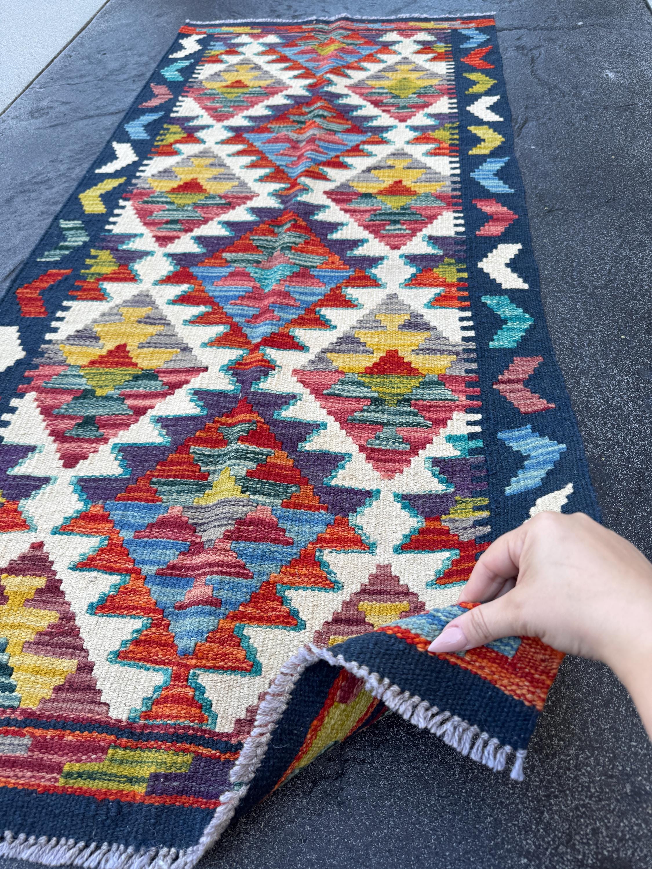 2x5 Handmade Afghan Kilim Runner Rug | Midnight Denim Navy Blue Cream Olive Moss Green Teal Grey Mustard Purple Red Rust Orange | Flatwoven