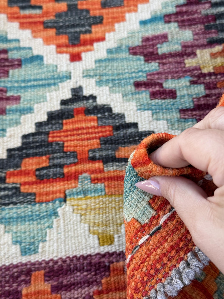 3x4 (91x152) Handmade Afghan Kilim Rug | Cream White Mustard Olive Aqua Teal Burnt Orange Burgundy Lavender Charcoal Grey | Wool Flatwoven