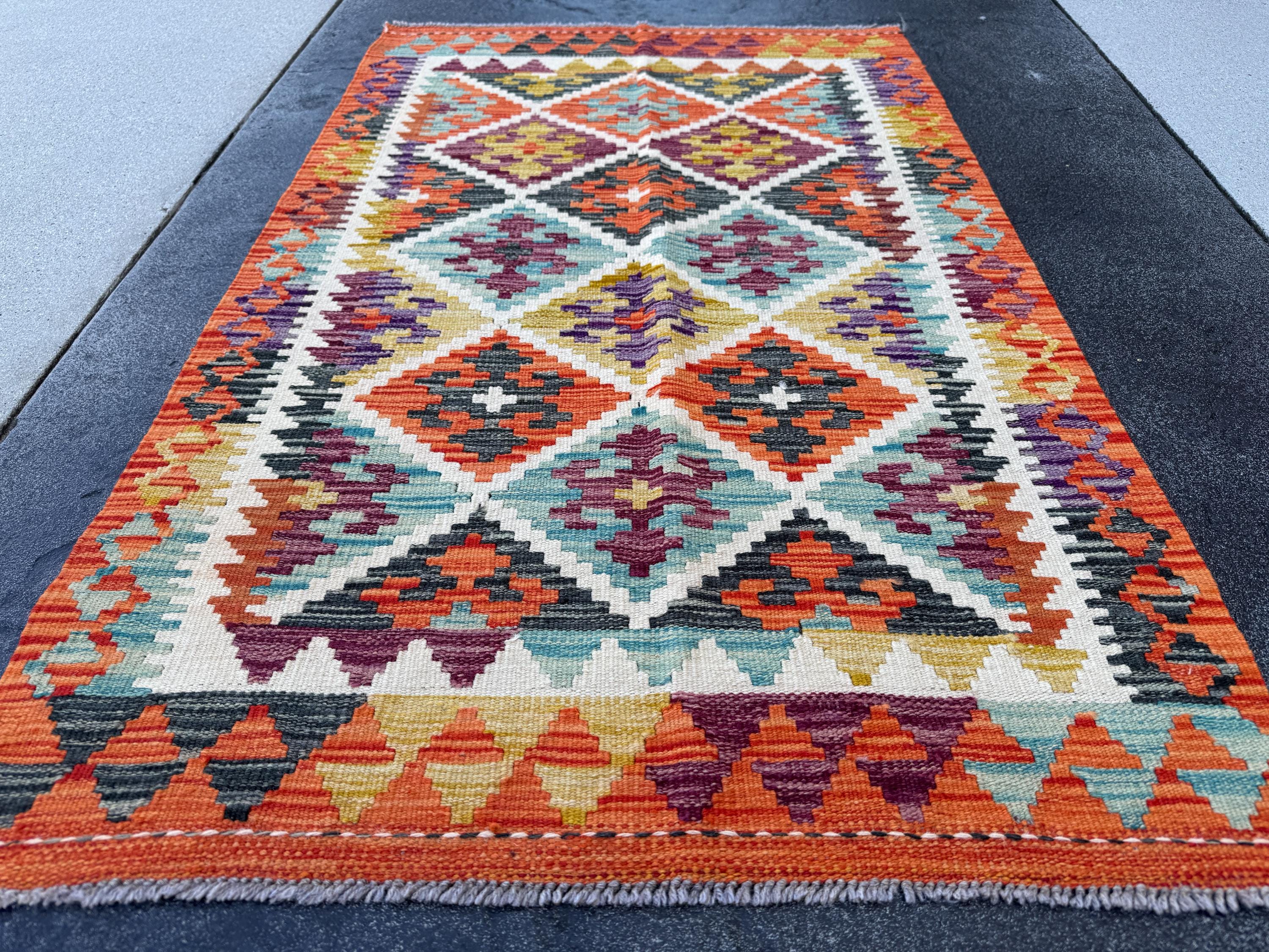 3x4 (91x152) Handmade Afghan Kilim Rug | Cream White Mustard Olive Aqua Teal Burnt Orange Burgundy Lavender Charcoal Grey | Wool Flatwoven