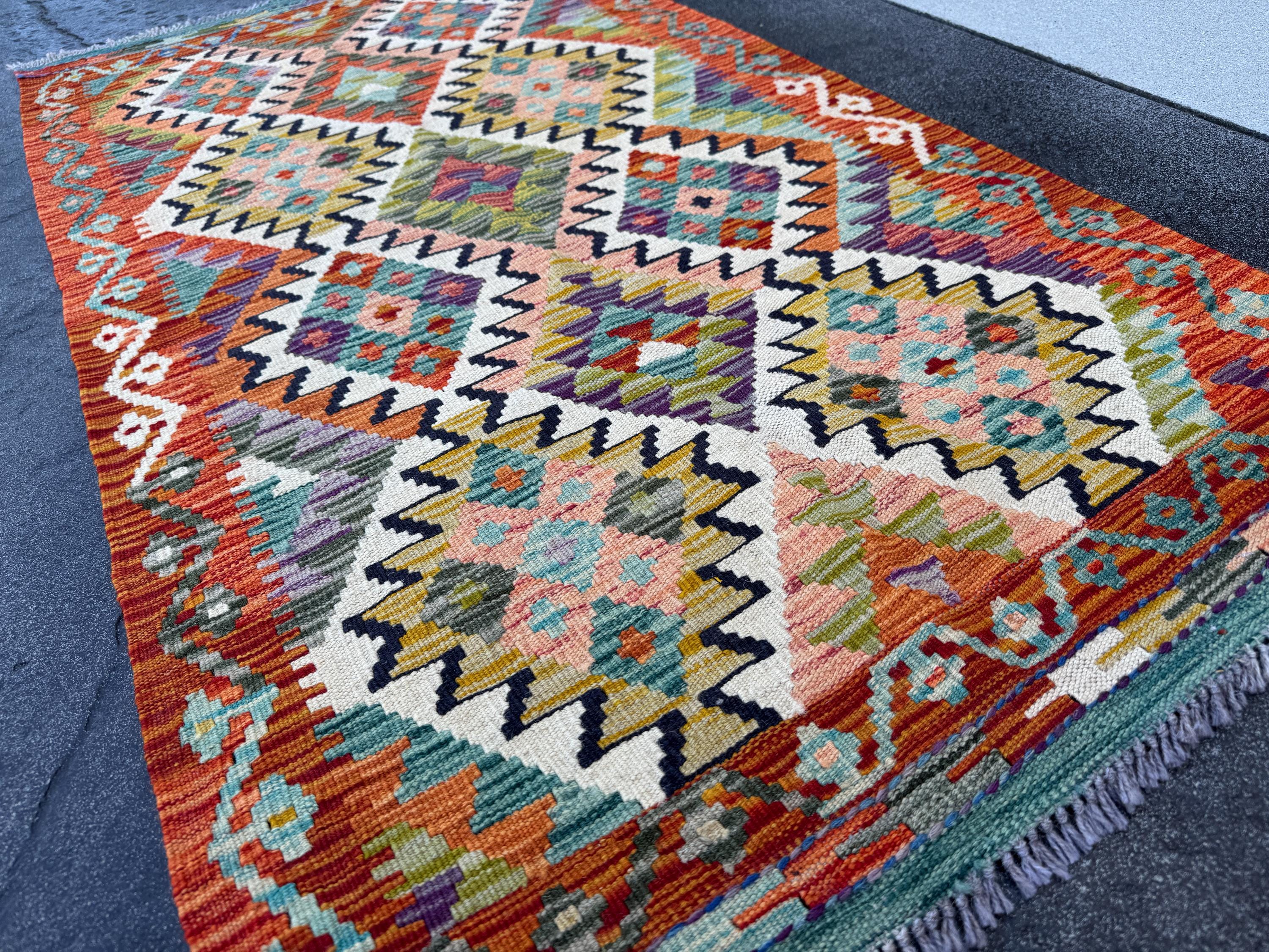 3x5 (91x152) Handmade Afghan Kilim Rug | Burnt Orange Olive Moss Green Ivory Teal Charcal Grey Purple Mustard Midnight Blue | Wool Flatwoven