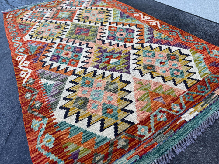 3x5 (91x152) Handmade Afghan Kilim Rug | Burnt Orange Olive Moss Green Ivory Teal Charcal Grey Purple Mustard Midnight Blue | Wool Flatwoven
