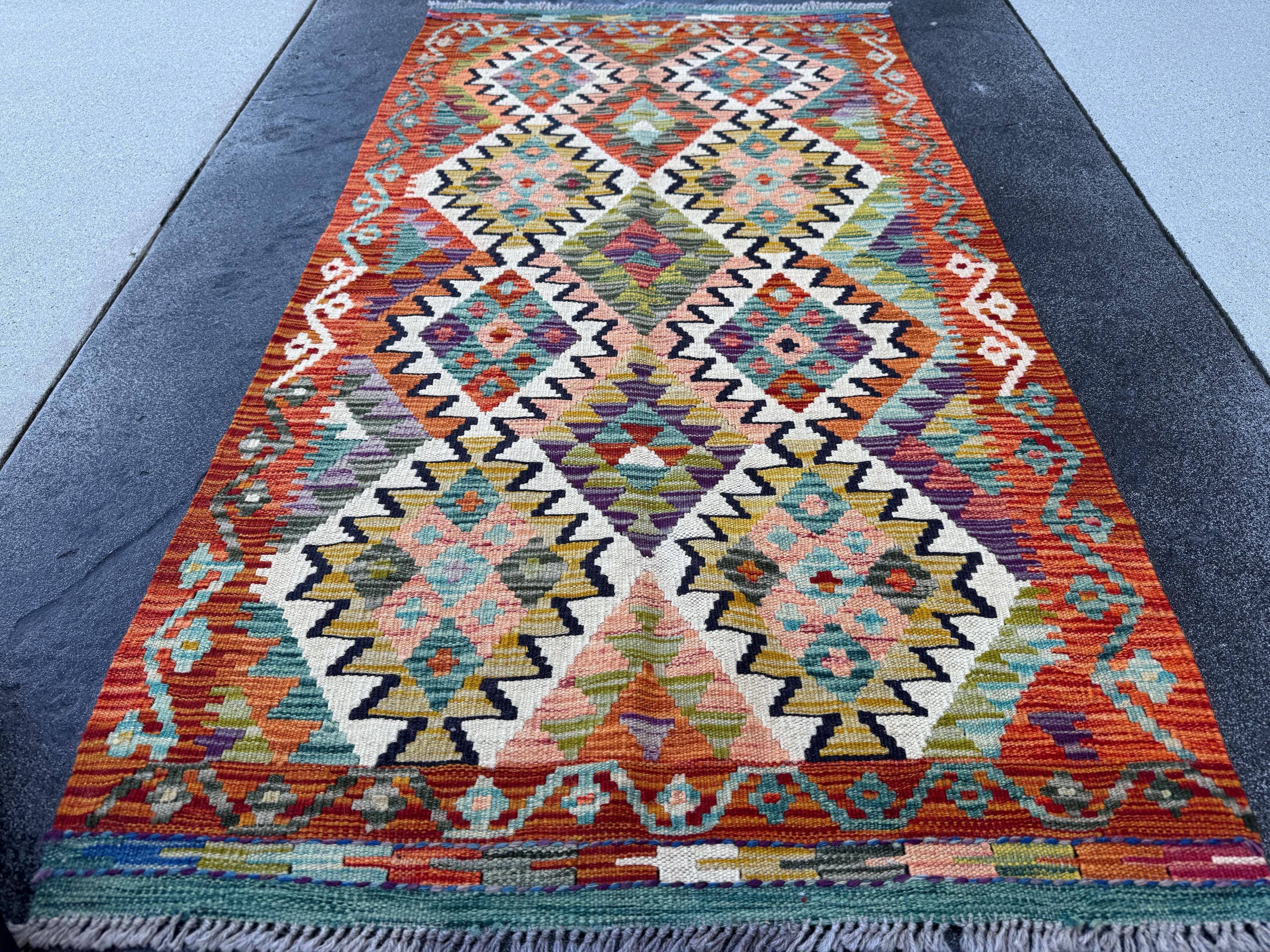 3x5 (91x152) Handmade Afghan Kilim Rug | Burnt Orange Olive Moss Green Ivory Teal Charcal Grey Purple Mustard Midnight Blue | Wool Flatwoven