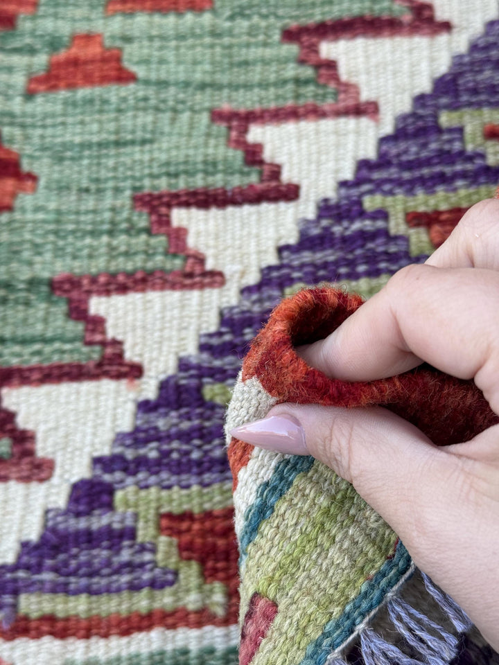 3x5 (91x152) Handmade Afghan Kilim Rug | Blood Red Maroon Forest Moss Green Ivory Purple Coral Pink Teal | Wool Flatwoven