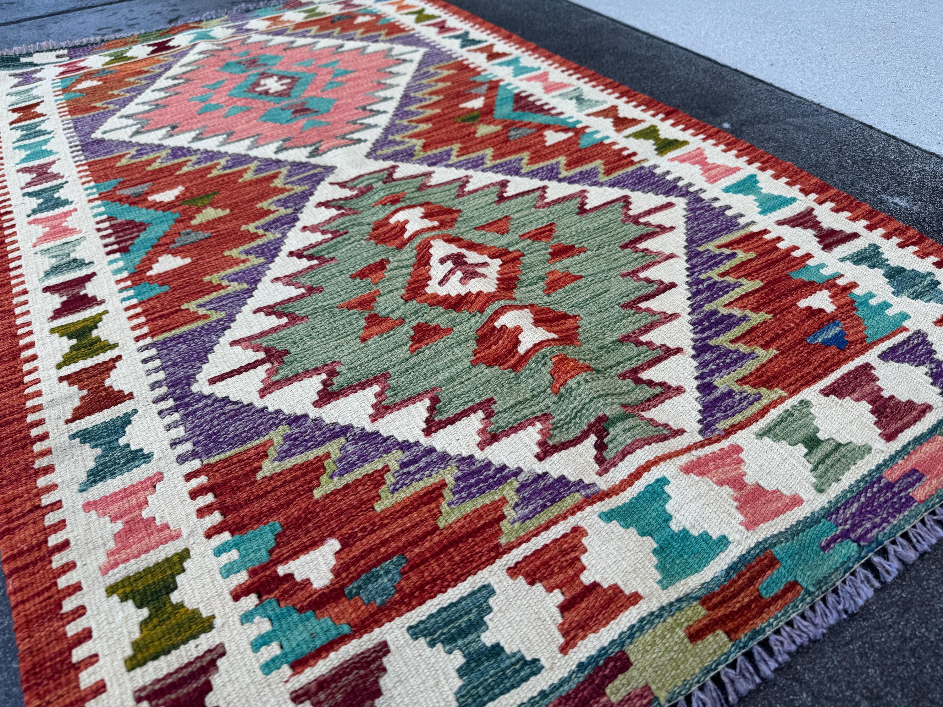 3x5 (91x152) Handmade Afghan Kilim Rug | Blood Red Maroon Forest Moss Green Ivory Purple Coral Pink Teal | Wool Flatwoven