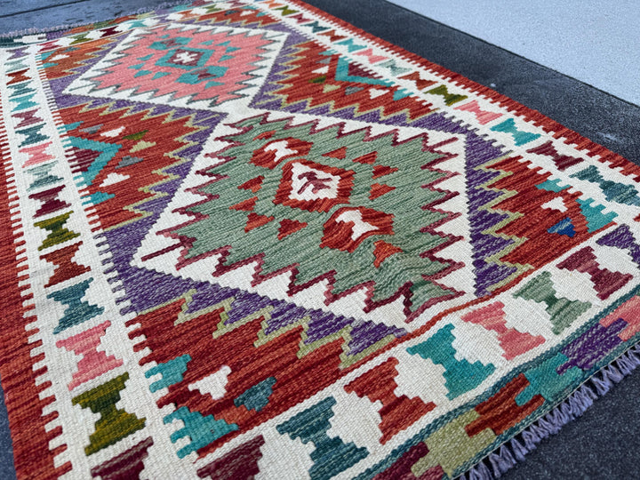 3x5 (91x152) Handmade Afghan Kilim Rug | Blood Red Maroon Forest Moss Green Ivory Purple Coral Pink Teal | Wool Flatwoven