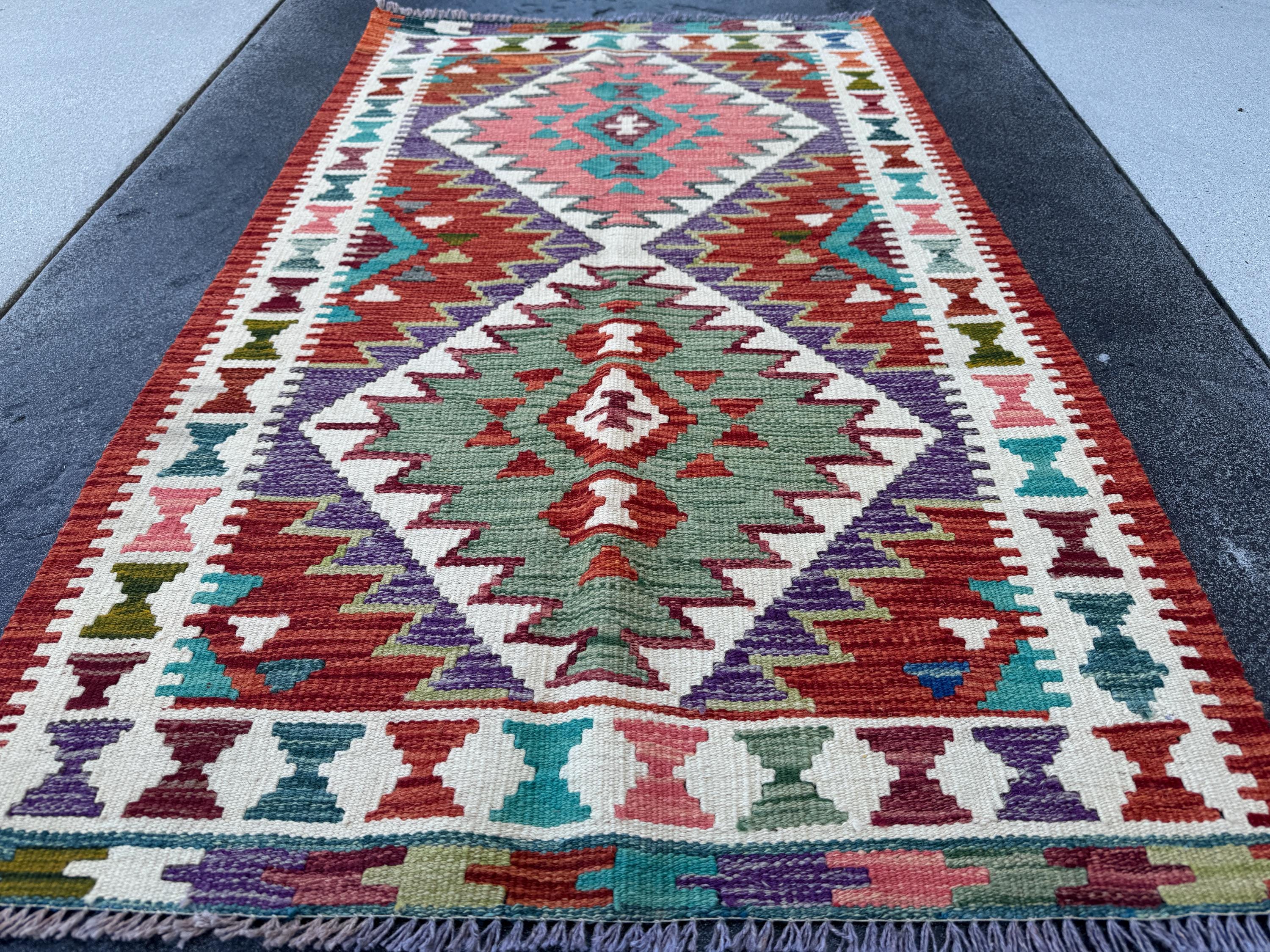 3x5 (91x152) Handmade Afghan Kilim Rug | Blood Red Maroon Forest Moss Green Ivory Purple Coral Pink Teal | Wool Flatwoven