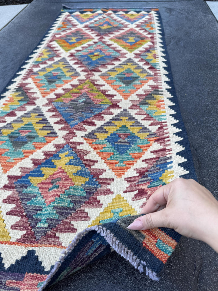 2x5 Handmade Afghan Kilim Runner Rug | Cream Maroon Denim Blue Orange Olive Moss Green Teal Mustard Gold Red Charcoal Grey | Wool Flatwoven