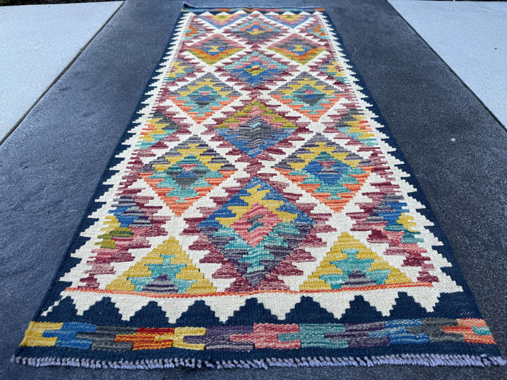 2x5 Handmade Afghan Kilim Runner Rug | Cream Maroon Denim Blue Orange Olive Moss Green Teal Mustard Gold Red Charcoal Grey | Wool Flatwoven