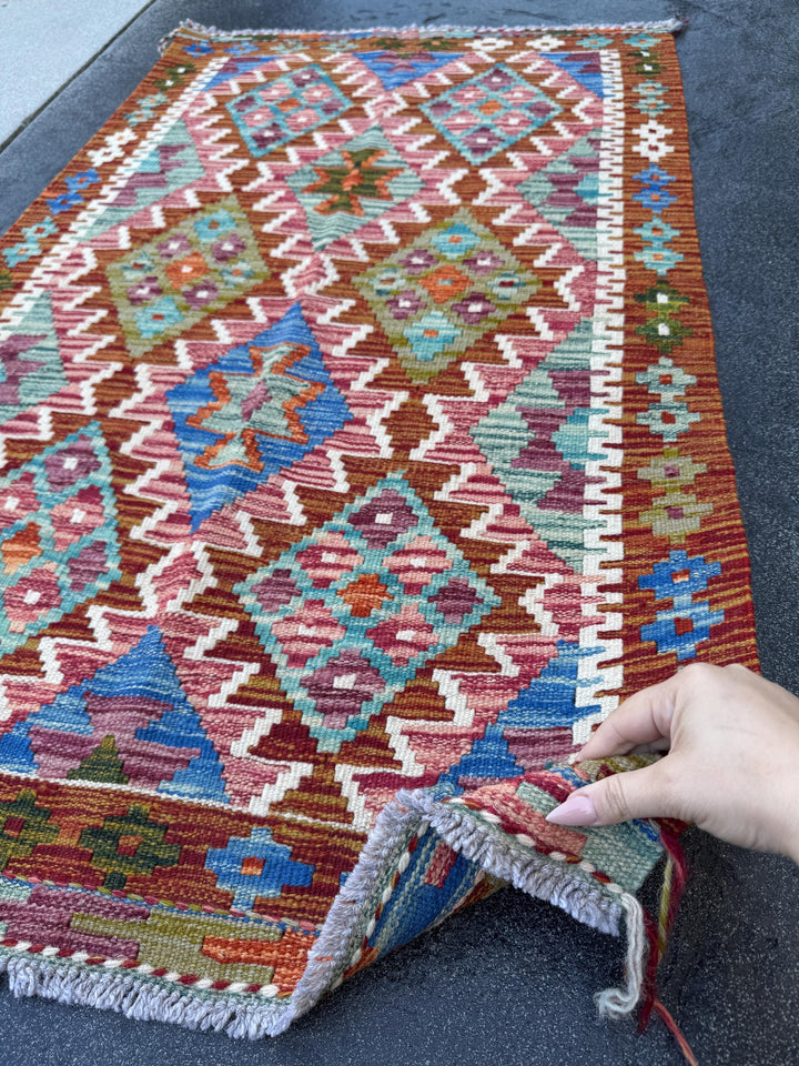 3x5 (91x152) Handmade Afghan Kilim Rug | Burnt Orange Denim Navy Blue Red Pink Purple Maroon Teal Cream Ivory Moss Green | Wool Flatwoven