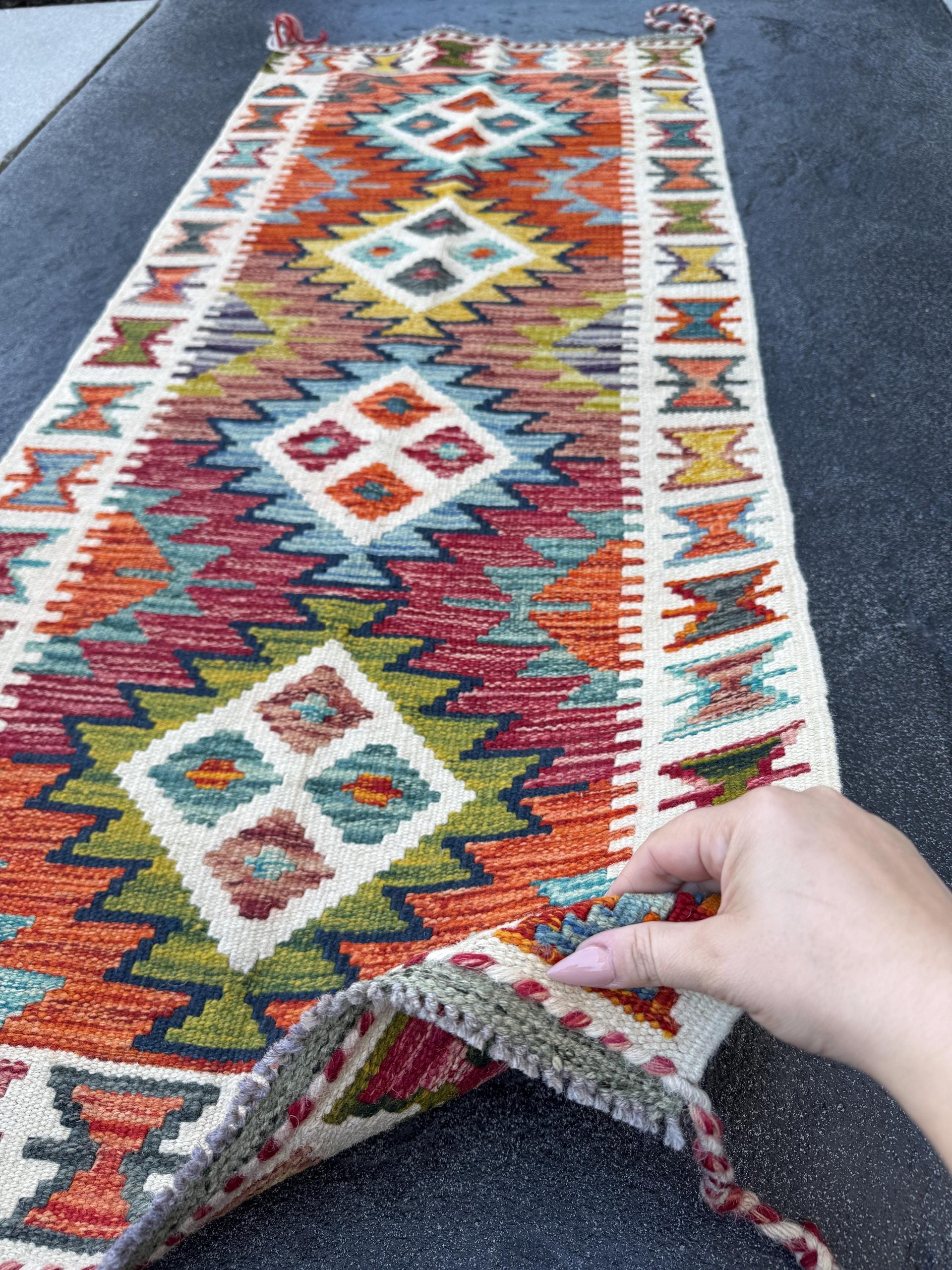 2x5 Handmade Afghan Kilim Runner Rug | Blood Red Burnt Orange Teal Cream Ivory Olive Moss Green Chocolate Gold Mustard | Wool Flatwoven