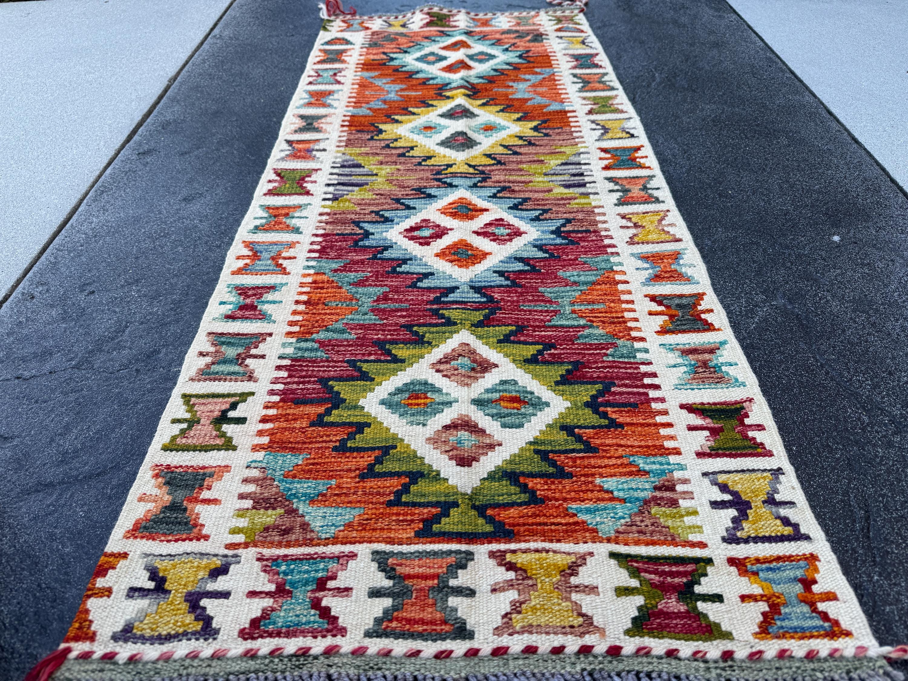 2x5 Handmade Afghan Kilim Runner Rug | Blood Red Burnt Orange Teal Cream Ivory Olive Moss Green Chocolate Gold Mustard | Wool Flatwoven