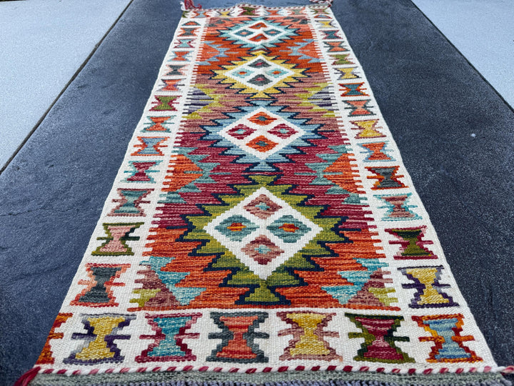 2x5 Handmade Afghan Kilim Runner Rug | Blood Red Burnt Orange Teal Cream Ivory Olive Moss Green Chocolate Gold Mustard | Wool Flatwoven